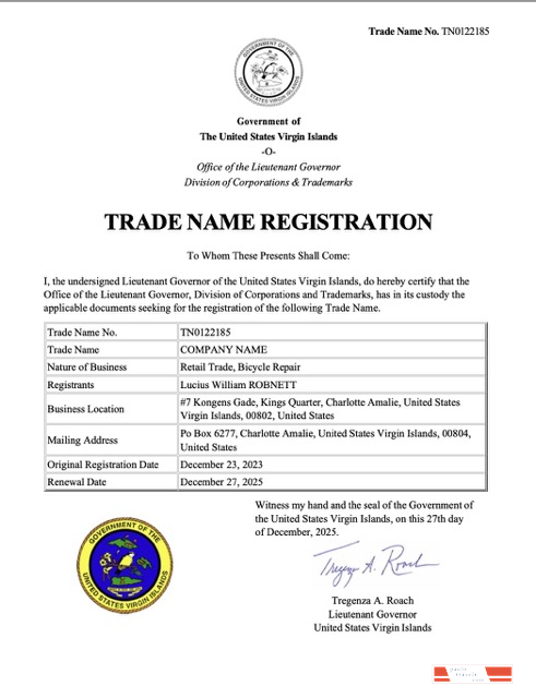 Virgin Island trade name registration certificate Word and PDF template